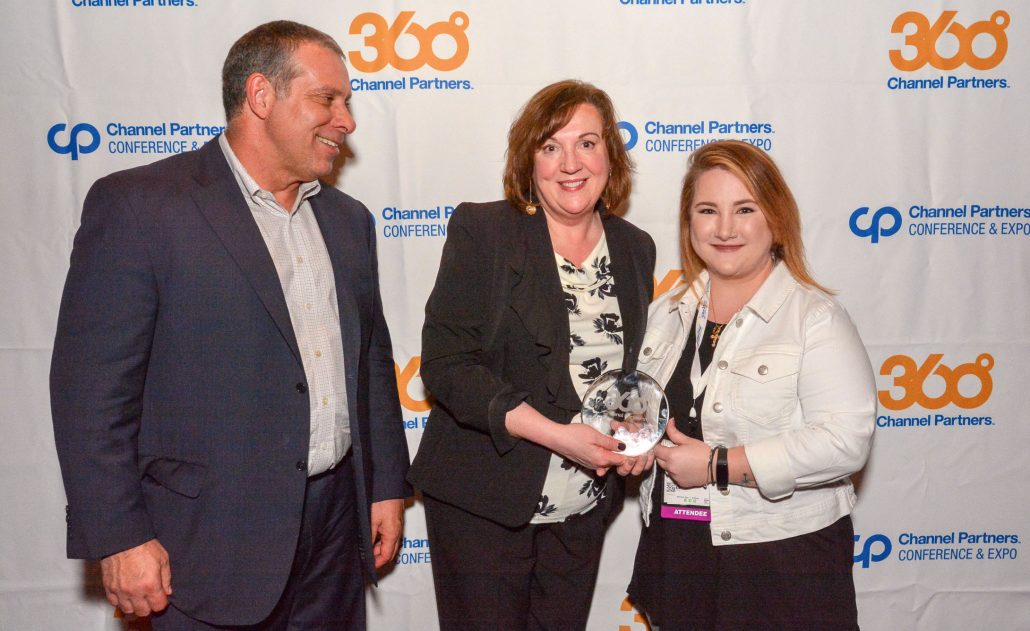 Michelle Denio, Technical Support Supervisor at Bryley Systems, accepting the Channel Partners 360 Award in Las Vegas