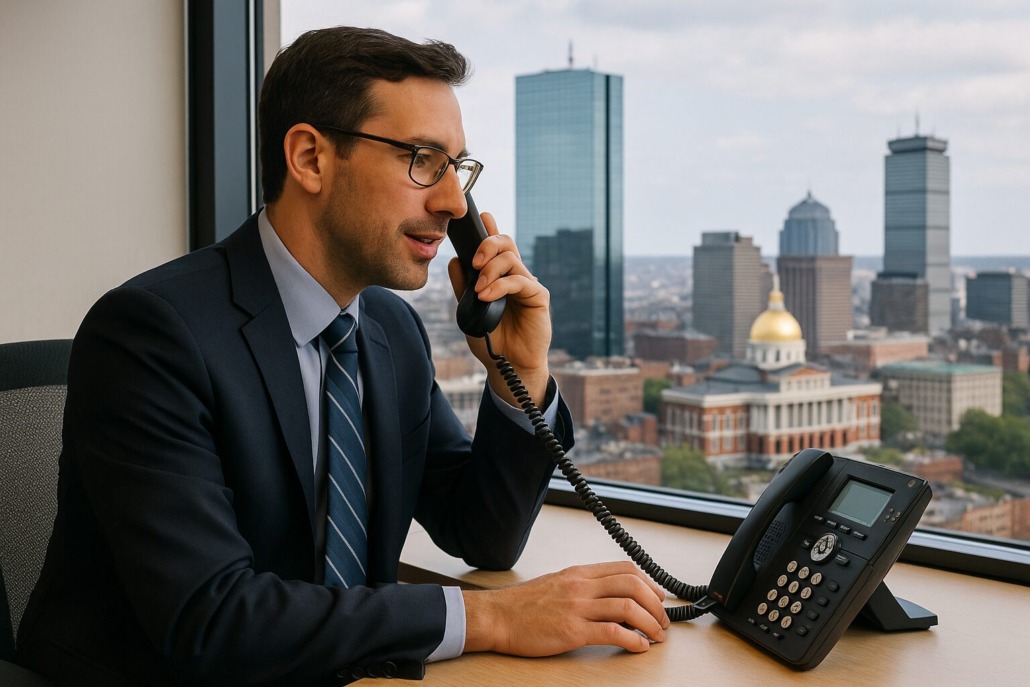 A business professional using a VoIP phone system in the Boston office.
