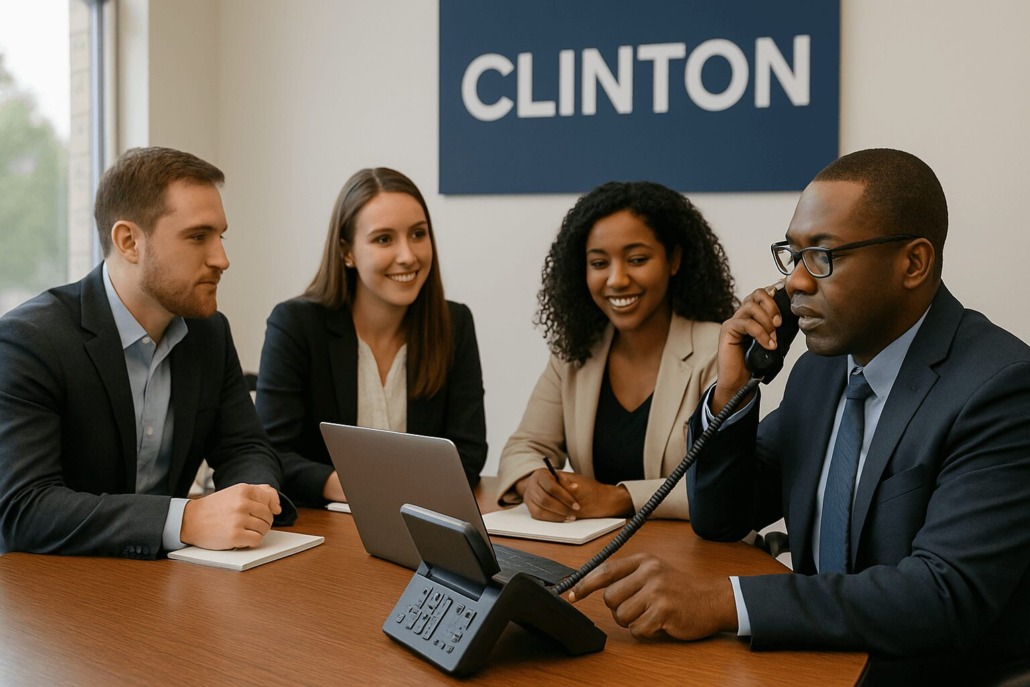 Team collaboration with a VoIP phone system in the Clinton office.