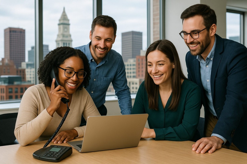 Team collaboration with a VoIP phone system in the Boston office.