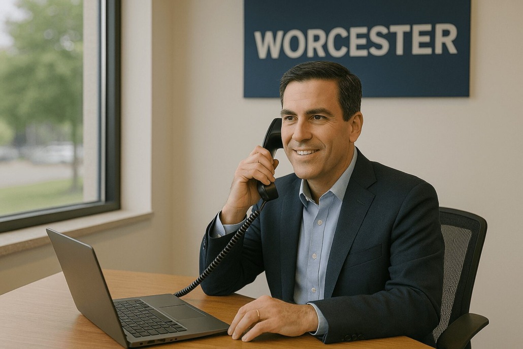A business professional using a VoIP phone system in a Worcester office.