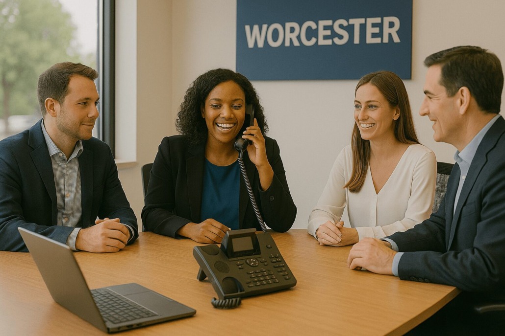 Team collaboration using a VoIP system in a modern Worcester workspace.