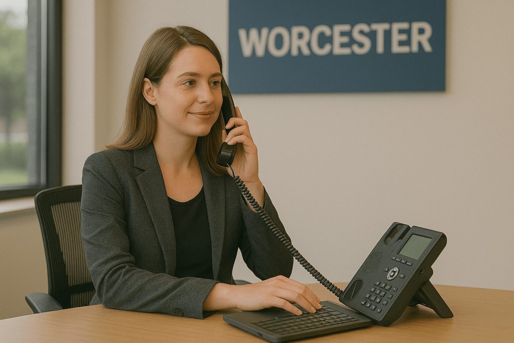 An employee using VoIP services for streamlined communication in Worcester.