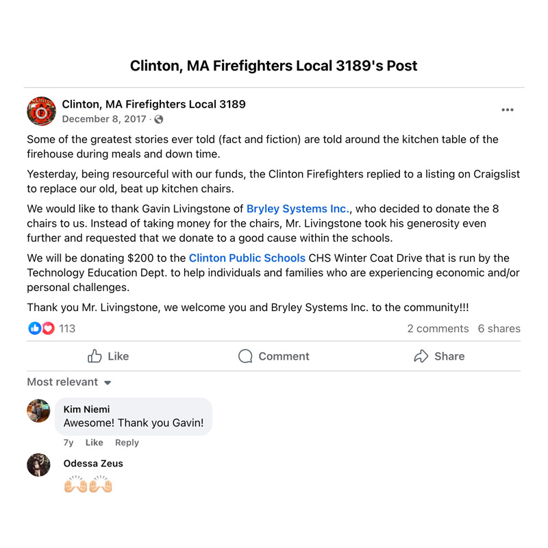 Clinton Fire Department thanks Bryley