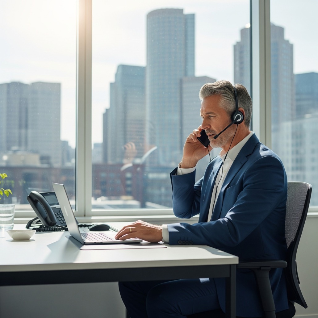 A business owner uses VoIP technology for seamless communication in Boston.